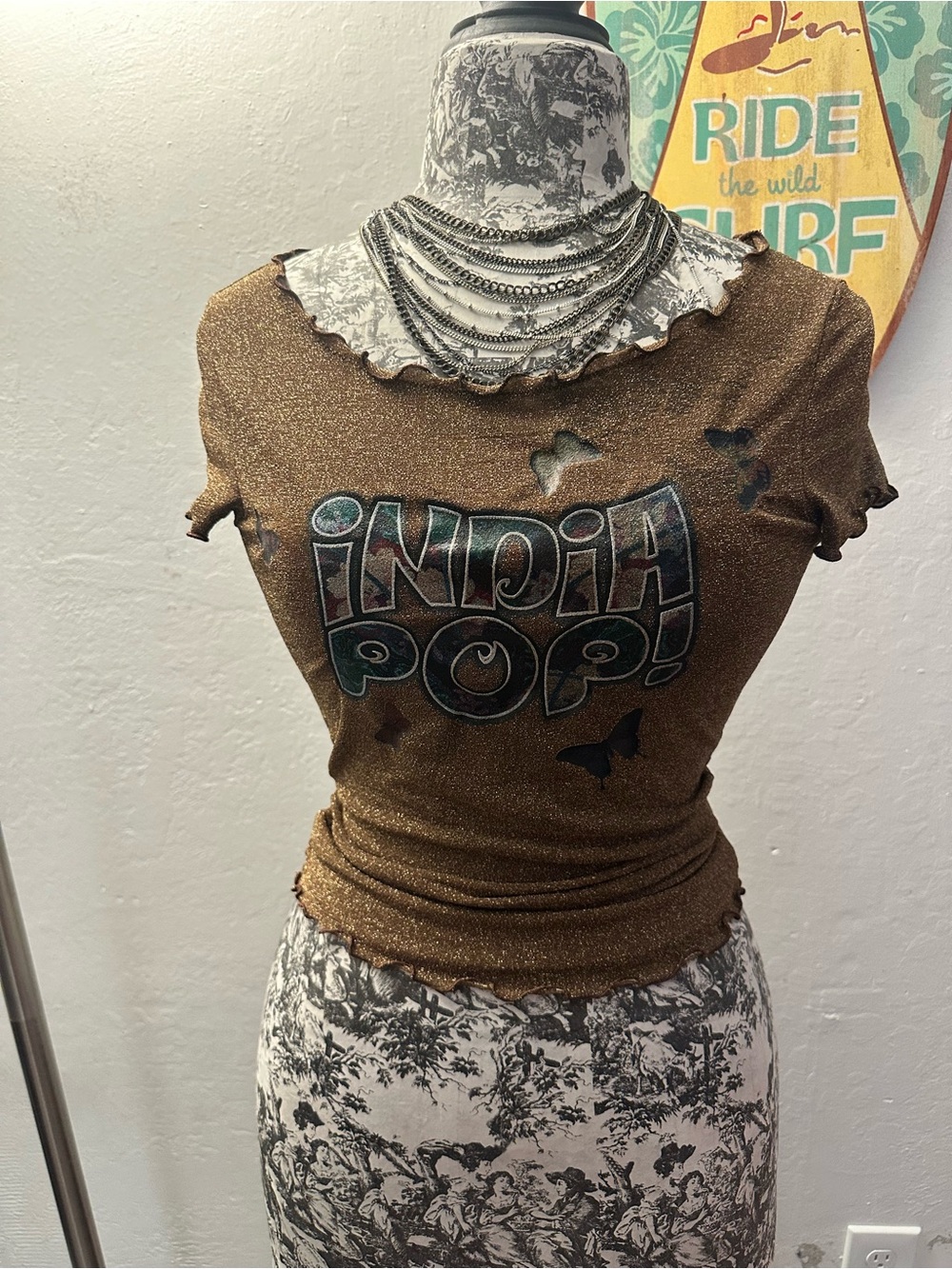 Moschino Metallic Bronze 'India Pop!' Graphic Crop Top Y2K